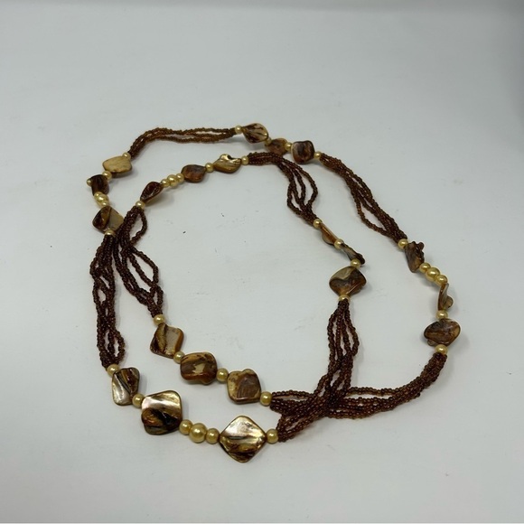 Yellow Amber Color Dyed Mother of Pearl Shell Layered Necklace Seed Beads 22.5" - Picture 8 of 10